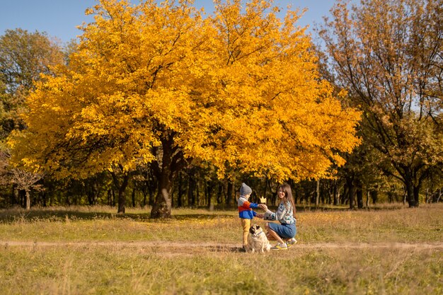 Una joven madre con un niño y un perro pug en un paseo otoñal en un parque colorido.