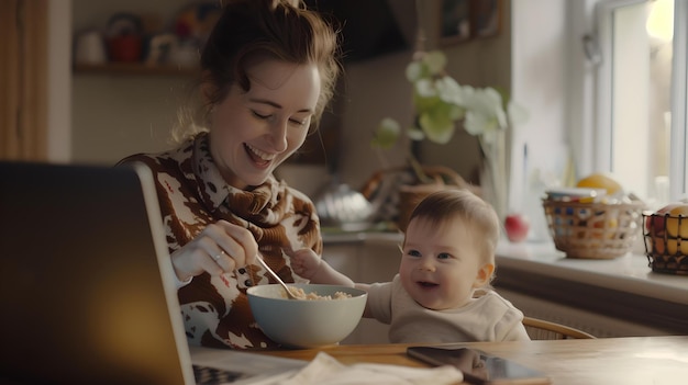 Una joven madre sonriente disfrutando del desayuno con su bebé en un acogedor entorno de cocina capturando un momento de alegría y calidez.