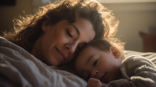 Joven madre y su hijo durmiendo plácidamente en la cama Creado con tecnología de IA generativa