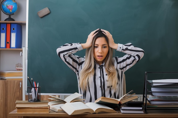 joven maestra sentada en el escritorio de la escuela frente a la pizarra en el aula con libros mirando el desorden en su escritorio confundida tomándose de la mano en la cabeza