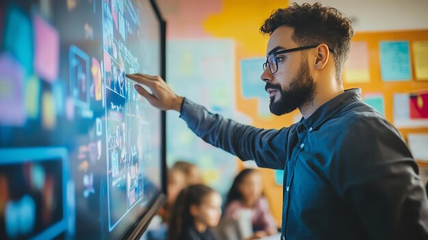 Un joven maestro explicando algo a sus estudiantes en una gran pantalla interactiva