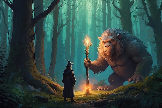 joven mago con bastón mágico y criatura gigante mirándose el uno al otro en el bosque pintura de estilo de arte digital ilustración