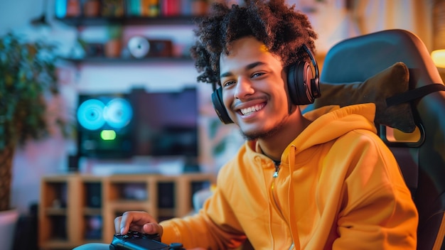 Joven mal sonriendo en el teléfono amarillo innovación y estilo de vida digital controlador de video sudafricano