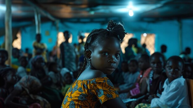 Una joven con malaria en una clínica con otros pacientes ansiosos y luces fluorescentes