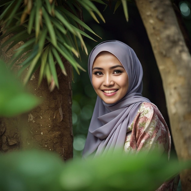 una joven malaya en un Baju Kurung usando hiyab sonriendo y mirando detrás de un arbusto