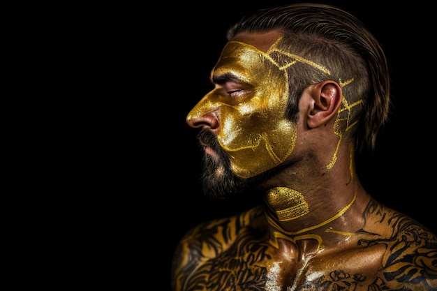 Joven con maquillaje dorado en un fondo negro