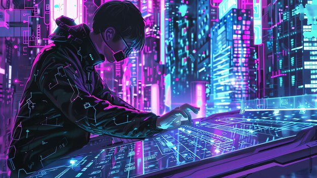 Foto un joven con una máscara está hackeando un sistema informático está rodeado de luces de neón y rascacielos