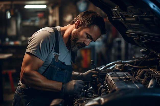 un joven mecánico arreglando un coche
