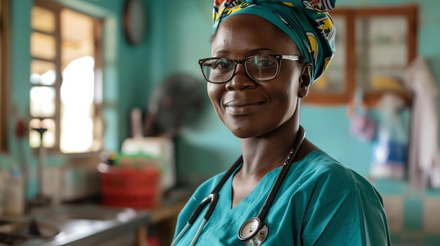 Foto una joven médica africana con pañuelo y gafas sonríe a la cámara