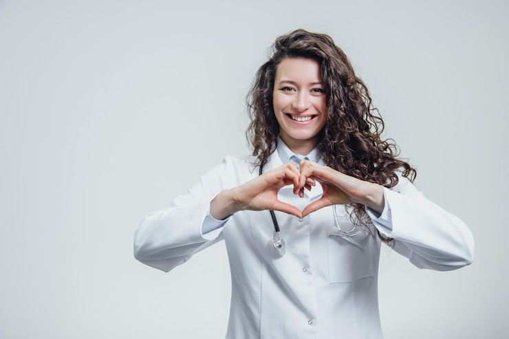 Foto una joven médica está en un fondo gris durante este tiempo el símbolo del corazón se muestra en el pecho con sus manos vestida con una túnica blanca médica con un estetoscopio gesticulando