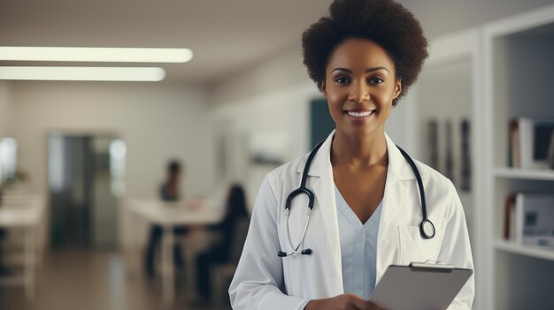 Joven médica negra con un exfoliante médico blanco con una carpeta de tabletas en la mano