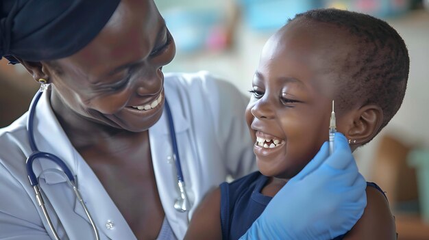 Un joven médico afroamericano está dando una vacunación a un niño sonriente