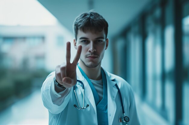 Foto el joven médico muestra dos dedos en el abrigo