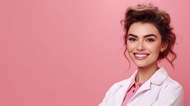 joven médico sonriente con bata médica morada y puntos de estetoscopio con fondo rosa