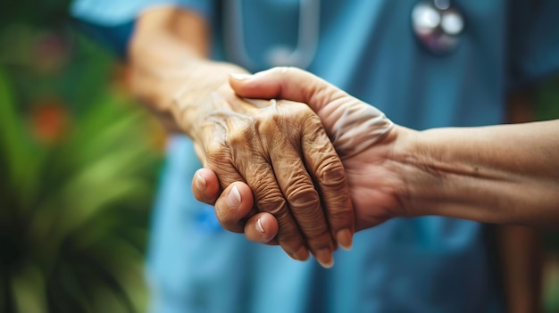 Un joven médico sosteniendo la mano de un paciente anciano en comodidad y cuidado