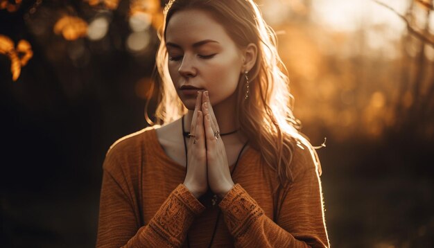 Foto una joven medita en la naturaleza encontrando la felicidad espiritual generada por la ia