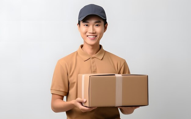 Joven mensajero asiático en uniforme y sonriente con caja de retención en fondo blanco