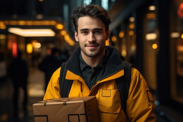 Joven mensajero hombre de entrega sosteniendo una caja de paquetes al aire libre