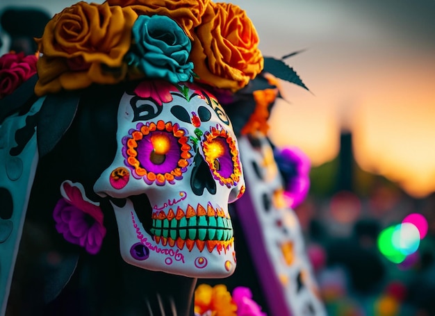 Joven mexicana con pintura facial de calavera de azúcar para el festival callejero del día de los muertos