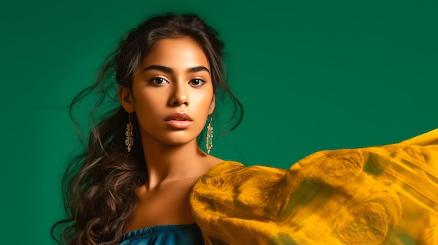 Foto joven mexicana con un vestido largo sobre un fondo verde retrato de una hermosa joven ai generative