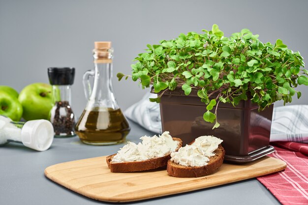 Joven micro verde en una caja de plástico