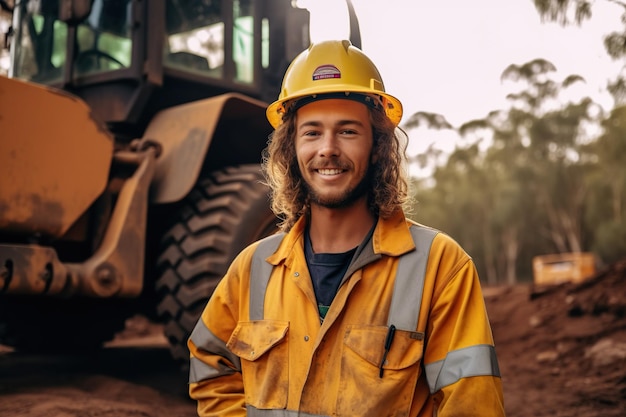 Un joven minero australiano de pie frente a una excavadora