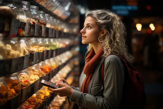 Una joven mira los productos en los estantes, parada en la tienda.