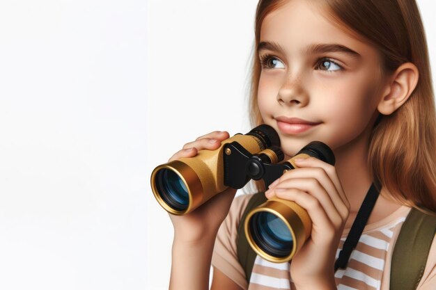 Una joven mira a través de binoculares al lado aislado en fondo blanco ai generativo