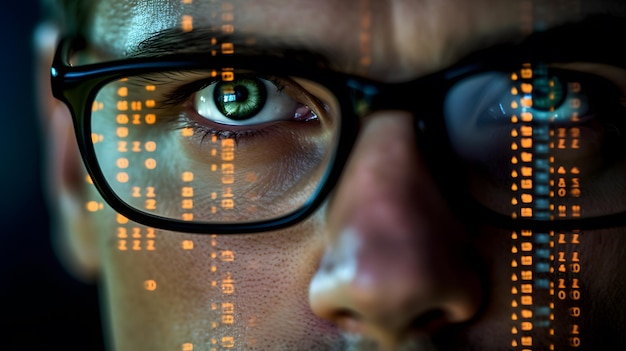 Un joven con una mirada seria analiza el mercado financiero Diagramas y números Proyectados en su rostro y reflejados en gafas Creados con tecnología de IA generativa