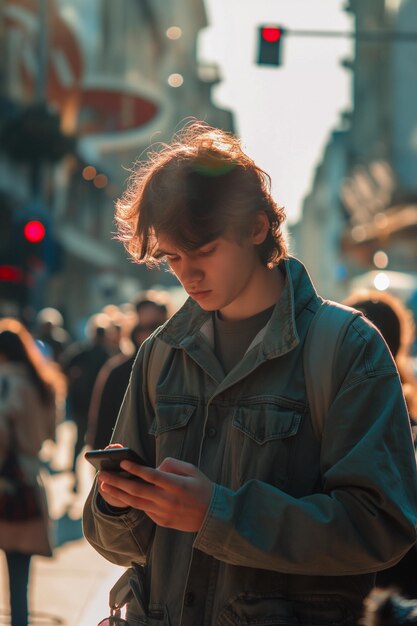 Foto un joven está mirando su teléfono celular mientras camina por una calle concurrida