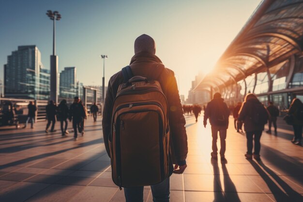 Joven con mochila de pie fuera de la terminal del aeropuerto Hombre guapo y confiado estudiante viajero que comienza su viaje en un aeropuerto nacional o internacional Concepto de vacaciones de turismo juvenil