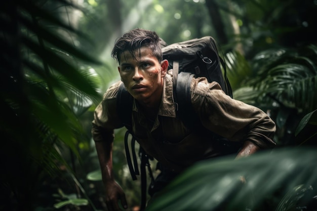 Joven con mochila de senderismo en la jungla Concepto de aventura y viaje IA generativa