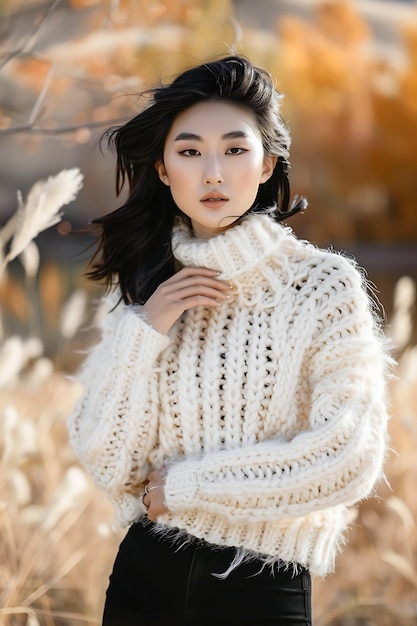 Joven modelo asiática posando con ropa de otoño
