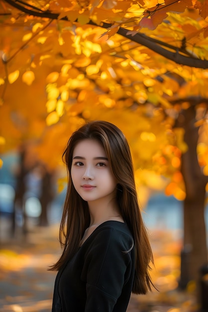 Joven modelo asiática posando con ropa de otoño