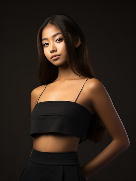 Joven modelo asiático con camiseta negra y sesión de fotos de fondo negro