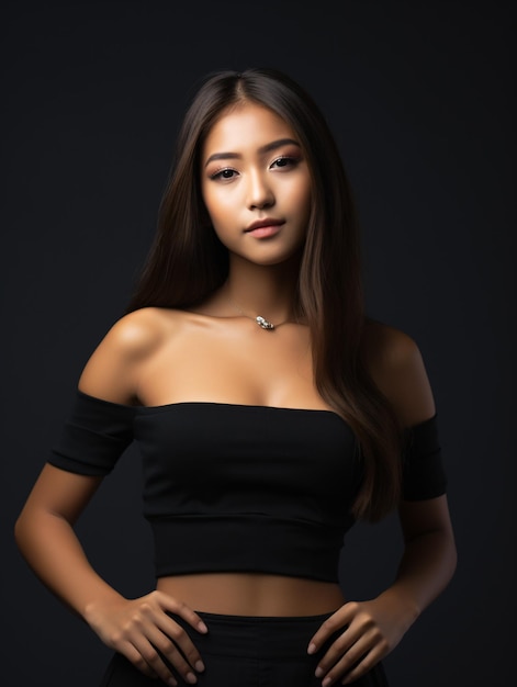 Joven modelo asiático con camiseta negra y sesión de fotos de fondo negro
