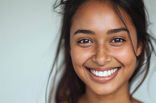 Joven modelo asiático indio con una sonrisa cautivadora dientes perfectos y fondo blanco