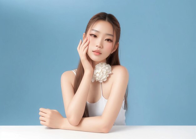 Foto joven modelo de belleza asiática con cabello largo con maquillaje natural en la cara y
