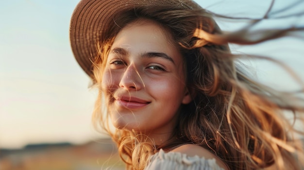 La joven modelo feliz hace una foto sosteniendo la cámara en la mano en primer plano Su cabello está volando en el viento Ella lleva sombrero foto al aire libre