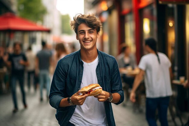 un joven modelo hamburguesero con hamburguesas en las manos