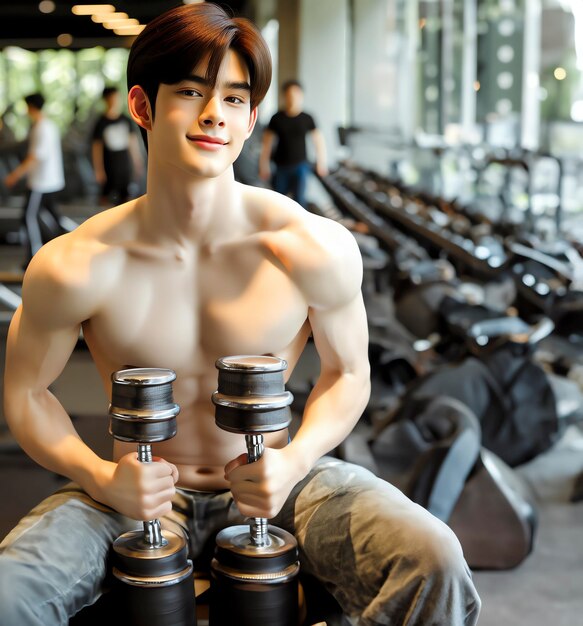 Joven modelo masculino asiático sonrisa brillante buena figura ejercicio de fondo en el gimnasio Generar IA