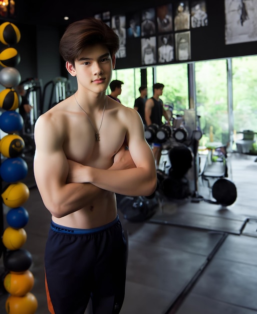 Joven modelo masculino asiático con una sonrisa brillante buena figura un fondo de ejercicio en el gimnasio Generar IA