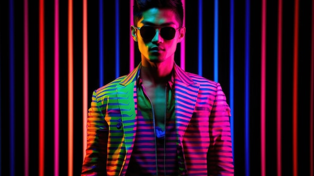 Foto joven modelo masculino posando con un traje de moda masculino de moda y colorido vibrante brillante verde y rosa arte óptico fondo abstracto ia generativa pintoresca