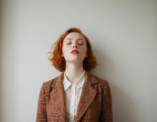 Foto joven modelo pelirroja con trajes de moda de otoño con los ojos cerrados mientras está de pie junto a una pared blanca