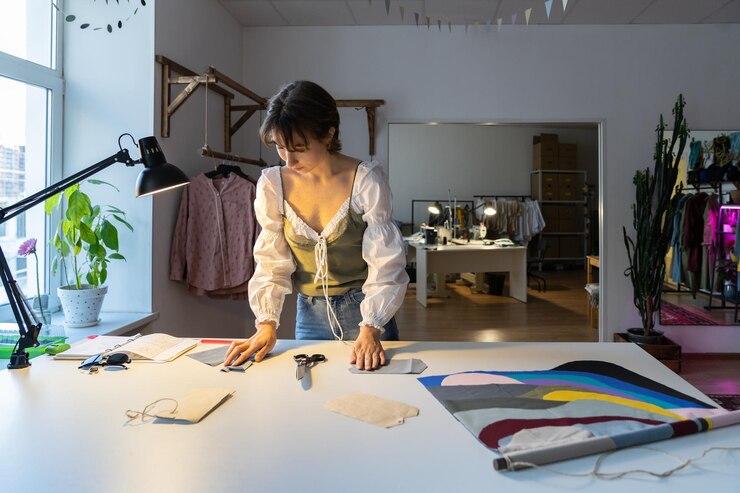 Foto joven modista trabajó en una nueva colección de ropa en un taller de estudio en una pequeña empresa