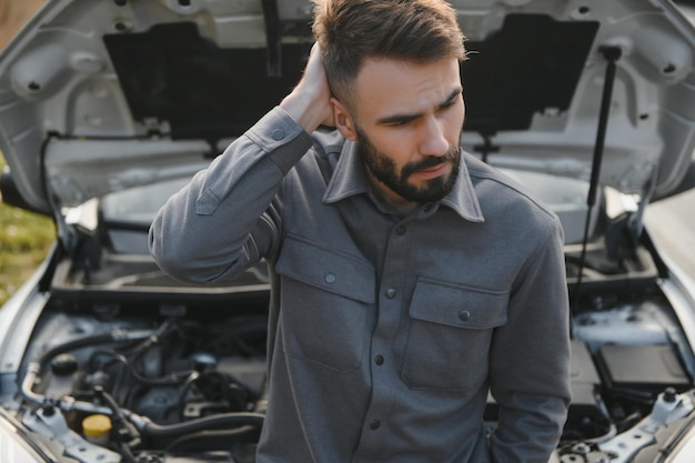 Joven molesto hombre casual tratando de arreglar su auto roto al aire libre Hombre esperando servicio de remolque para ayuda accidente automovilístico en la carretera Concepto de asistencia en carretera