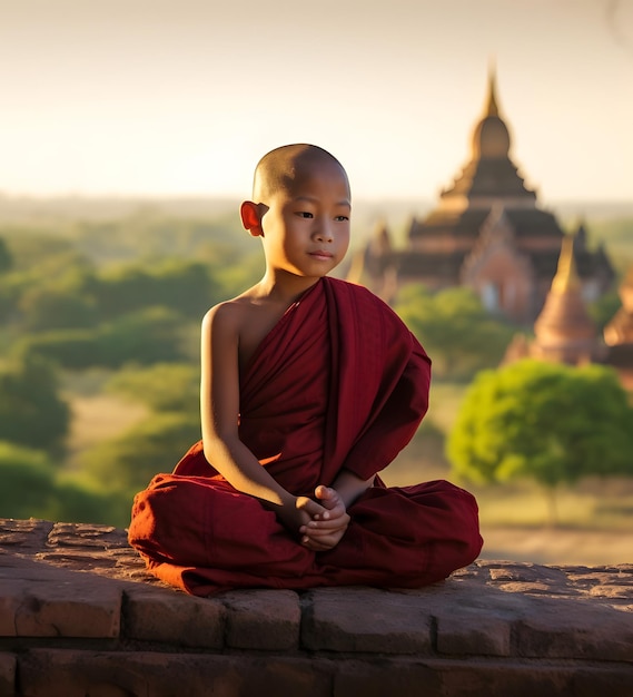 Joven monje budista en meditación sobre la pared de ladrillo en Bagan Myanmar