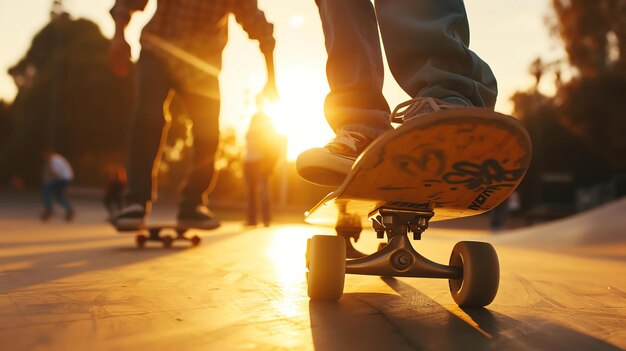 Foto un joven monta una patineta en el parque en un día soleado el patinador lleva ropa casual y está centrado en el patinaje