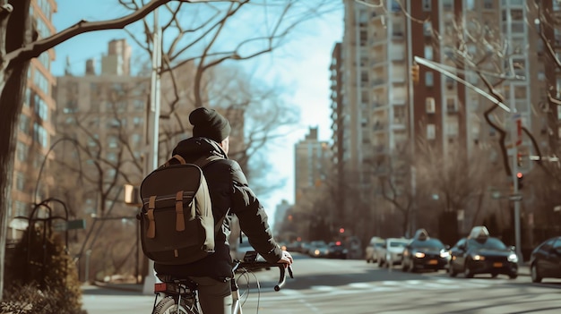 Un joven monta su bicicleta por una concurrida calle de la ciudad lleva un gorro negro y una mochila marrón