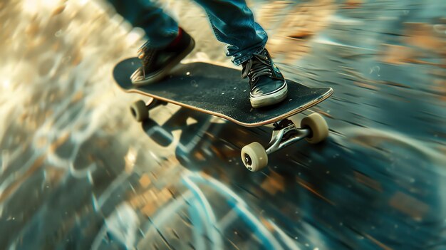 Foto un joven monta su patineta por una calle de la ciudad lleva ropa casual y un casco la patineta es negra y blanca